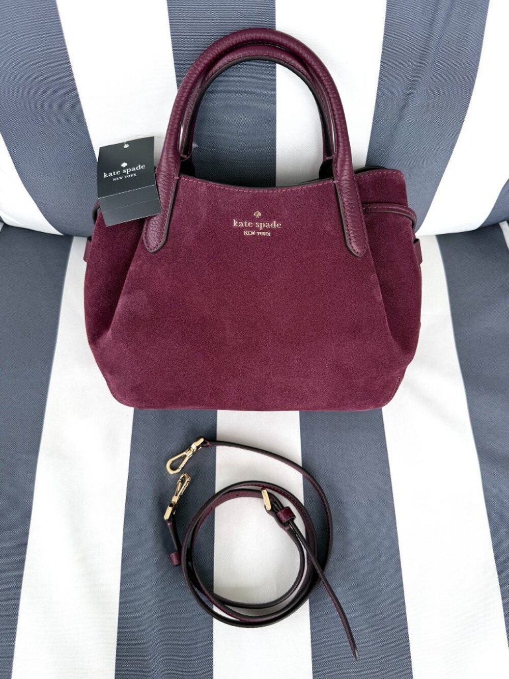 KATE SPADE DUMPLING SMALL SATCHEL CROSSBODY BAG HOBO PURPLE DRK CHERRY SUEDE NWT